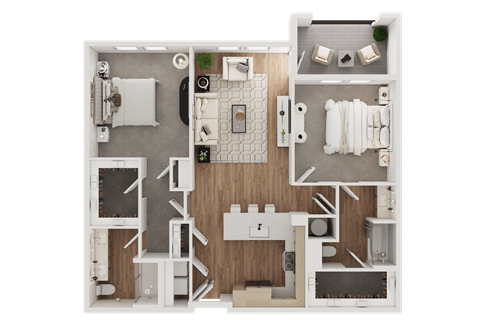 Floor plan for 2 beds, 2 baths, 1142 sqft